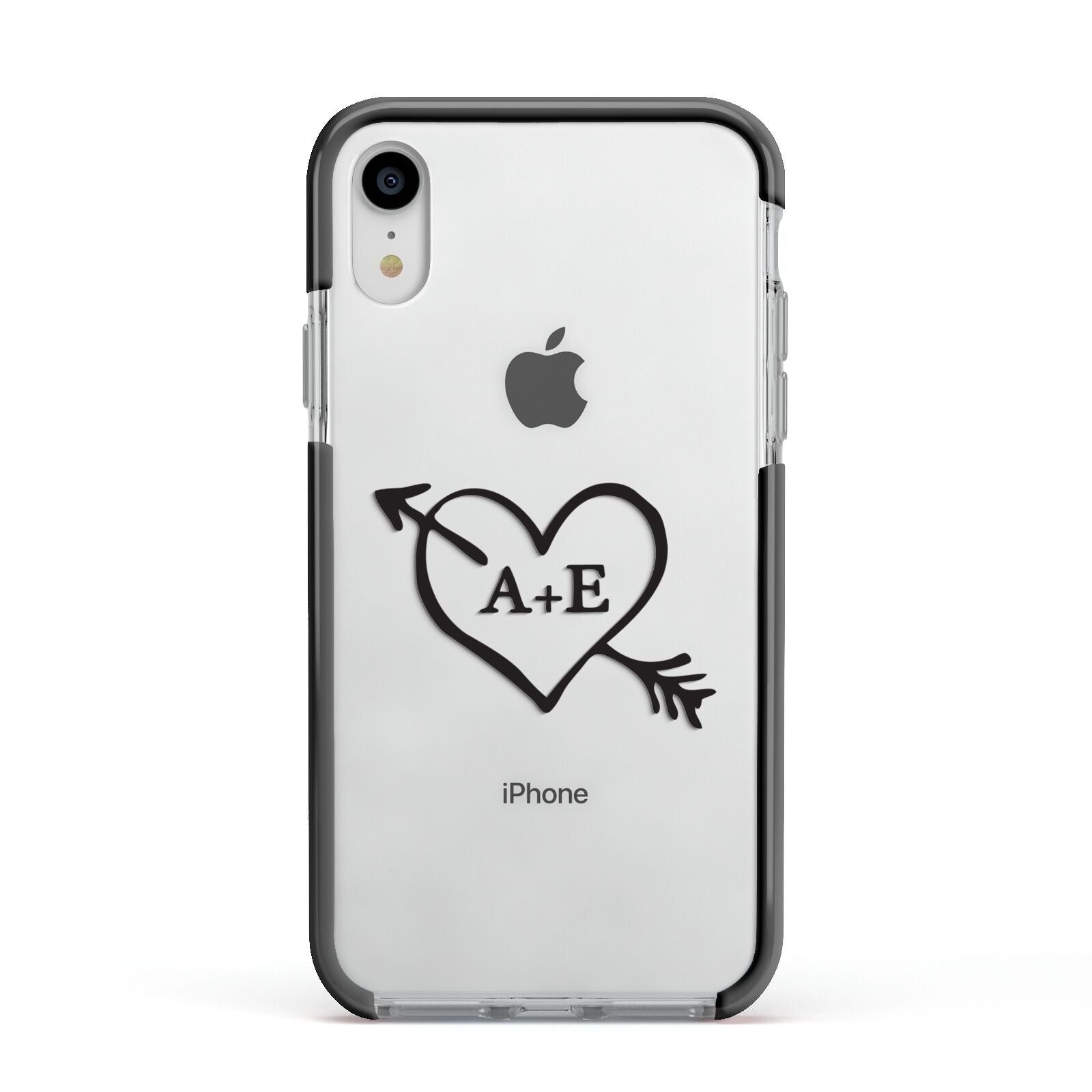 Personalised Couples Black Initials Arrow Clear Apple iPhone XR Impact Case Black Edge on Silver Phone