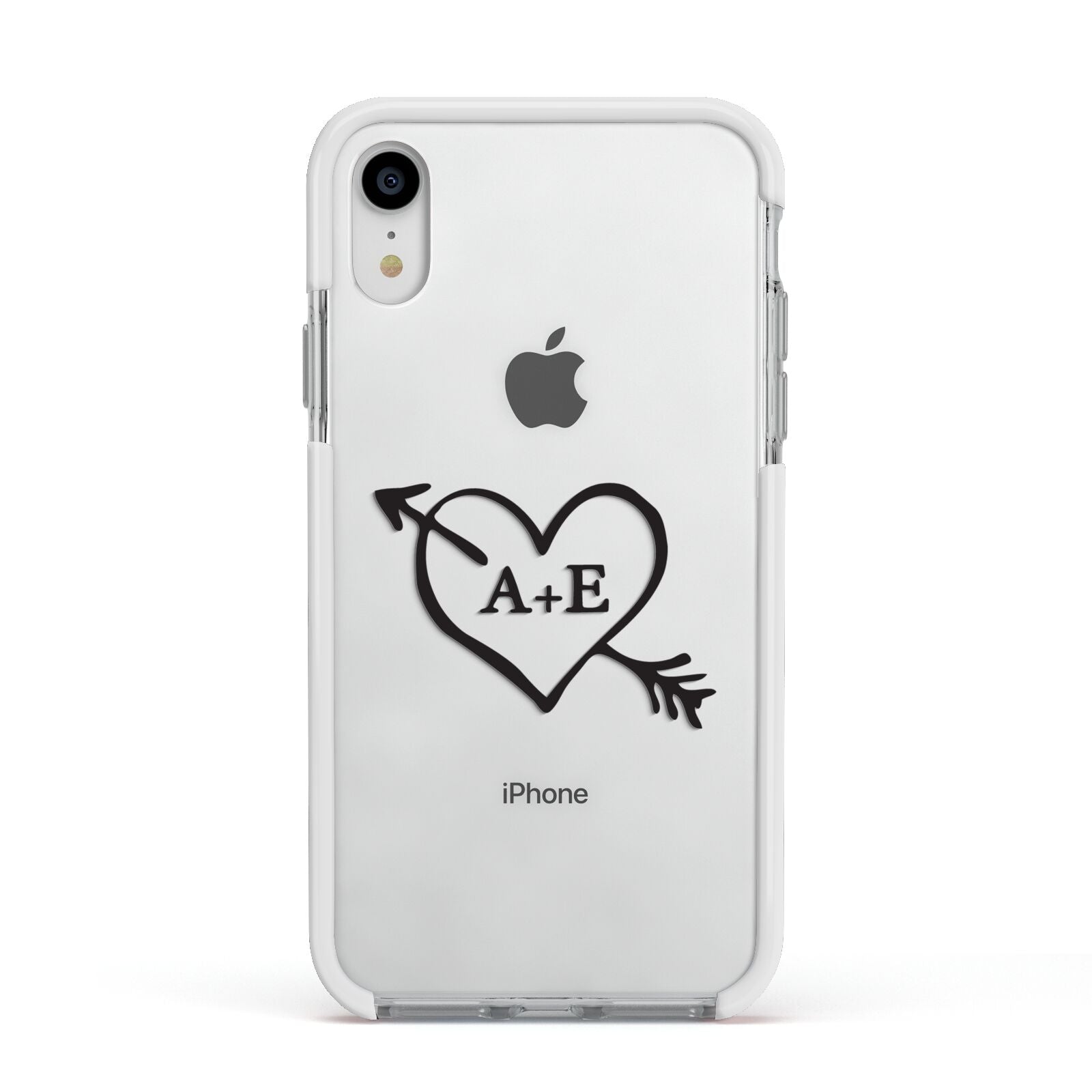 Personalised Couples Black Initials Arrow Clear Apple iPhone XR Impact Case White Edge on Silver Phone