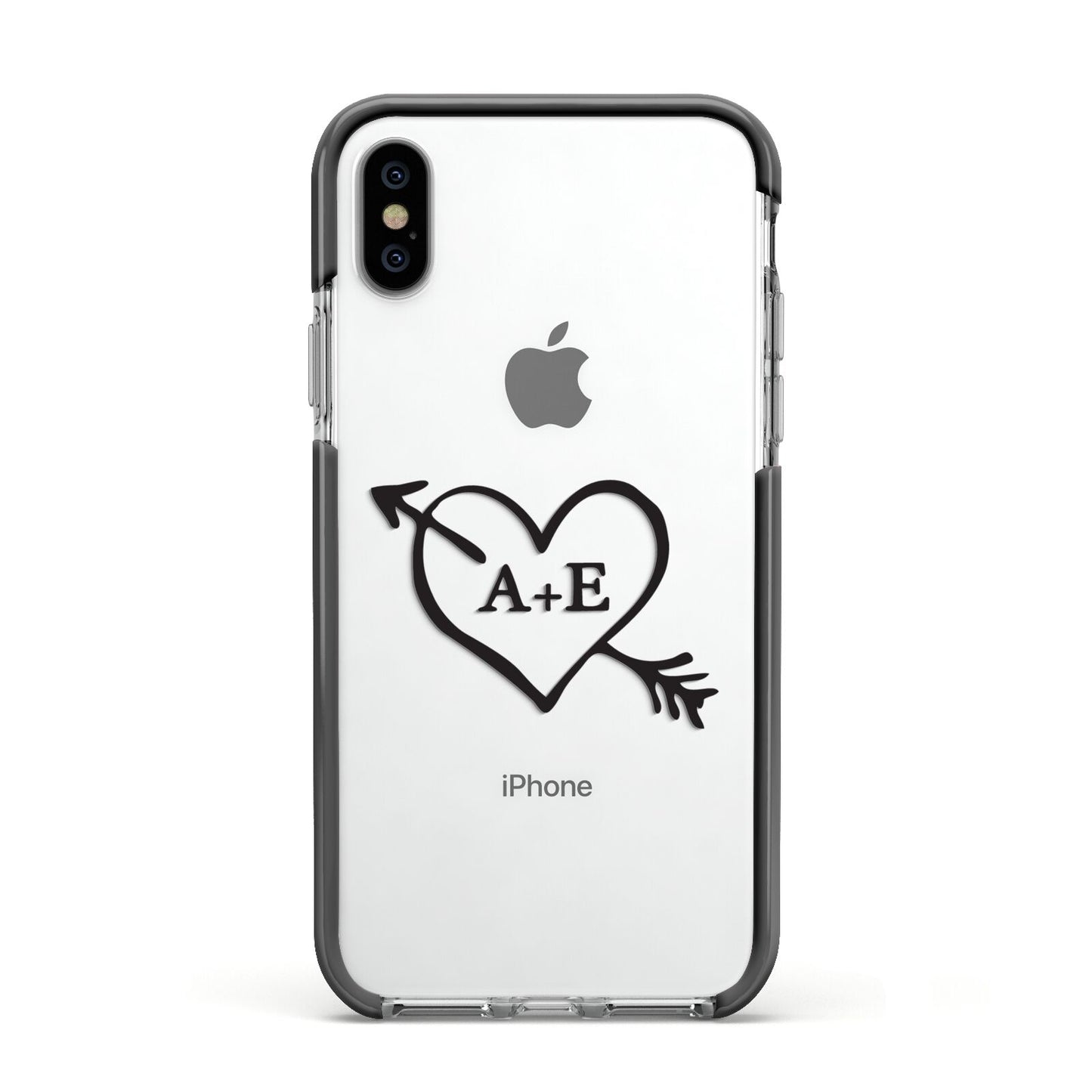 Personalised Couples Black Initials Arrow Clear Apple iPhone Xs Impact Case Black Edge on Silver Phone