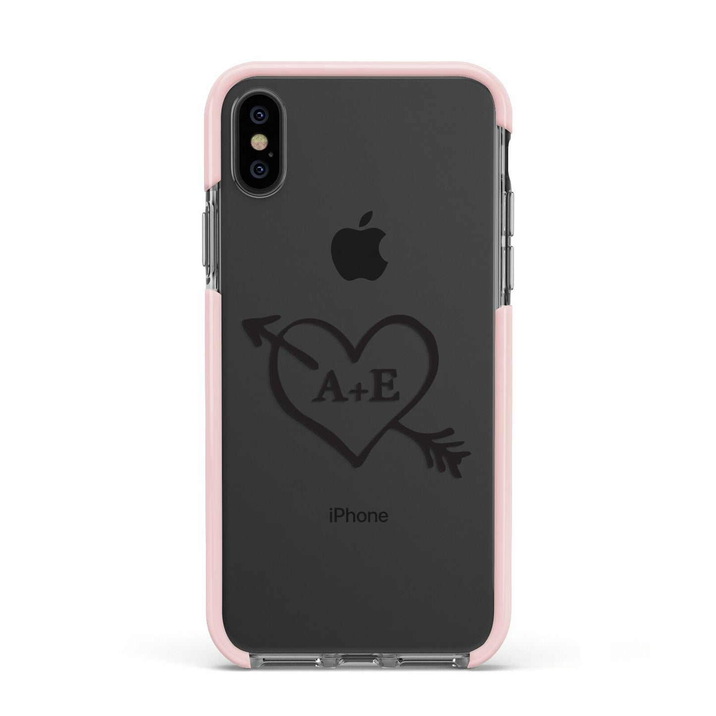 Personalised Couples Black Initials Arrow Clear Apple iPhone Xs Impact Case Pink Edge on Black Phone