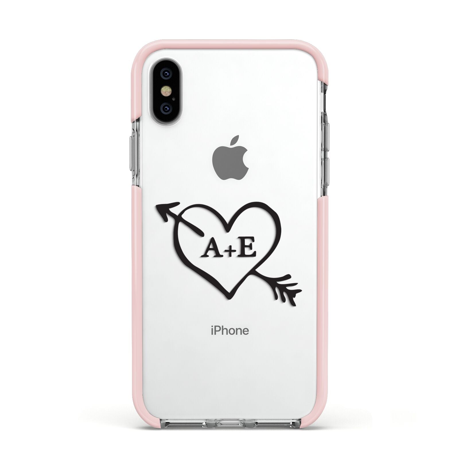 Personalised Couples Black Initials Arrow Clear Apple iPhone Xs Impact Case Pink Edge on Silver Phone