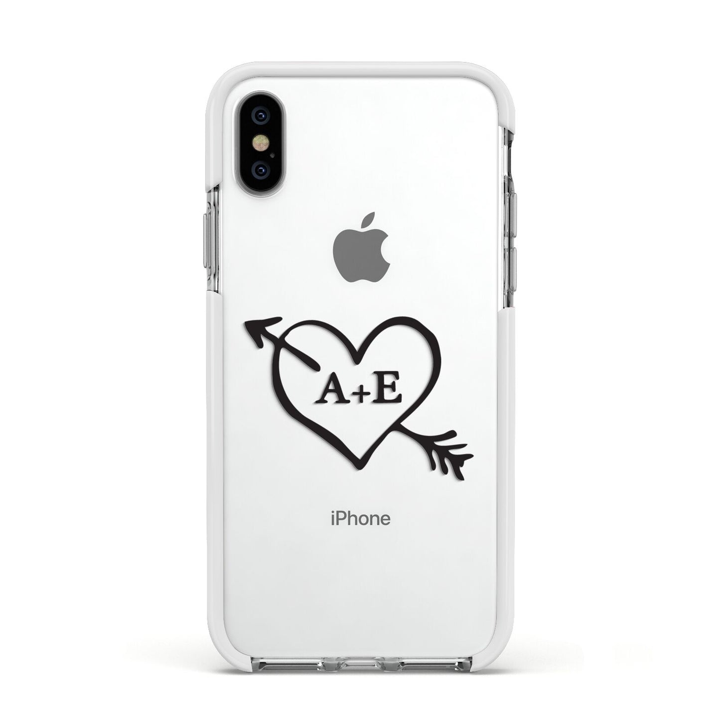 Personalised Couples Black Initials Arrow Clear Apple iPhone Xs Impact Case White Edge on Silver Phone
