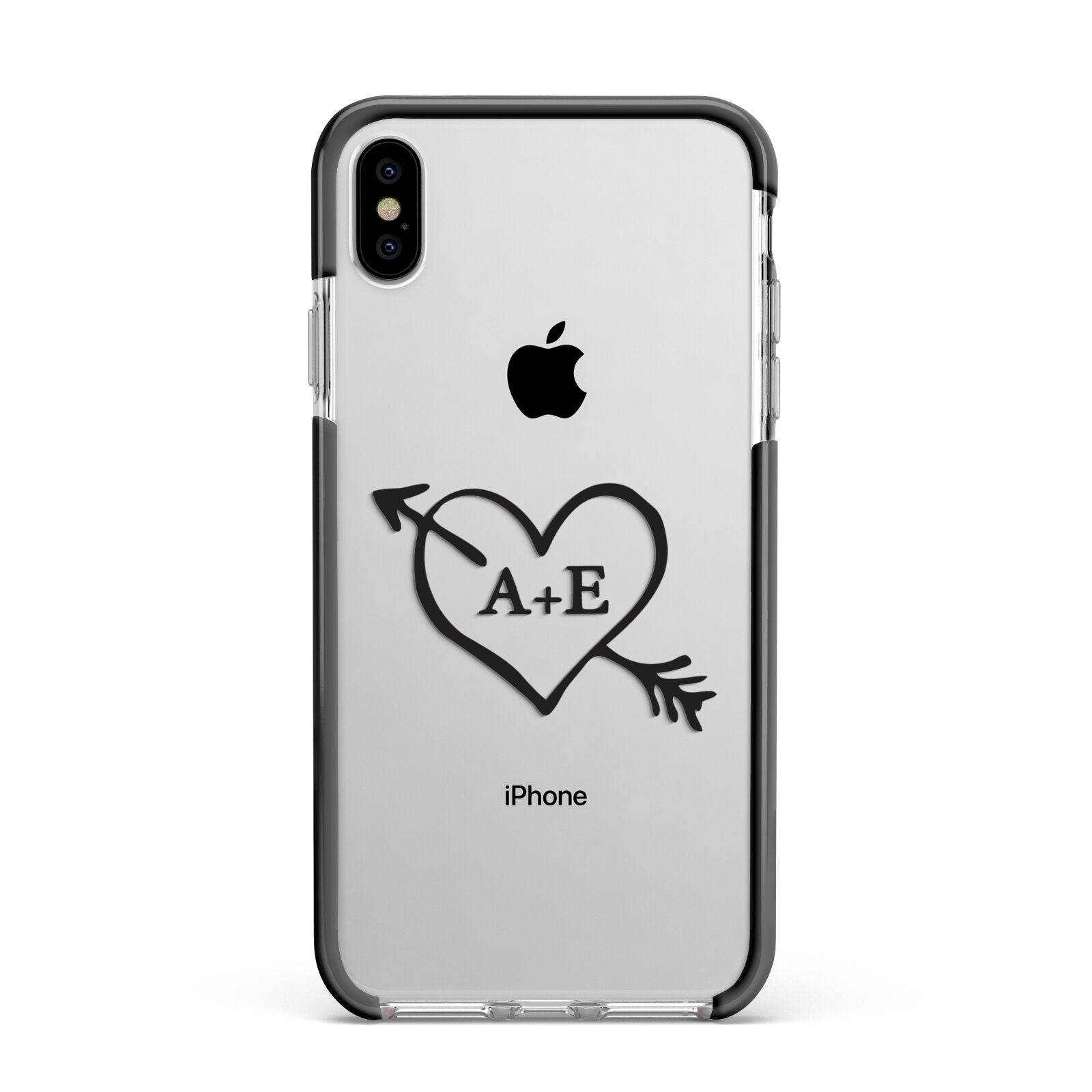 Personalised Couples Black Initials Arrow Clear Apple iPhone Xs Max Impact Case Black Edge on Silver Phone
