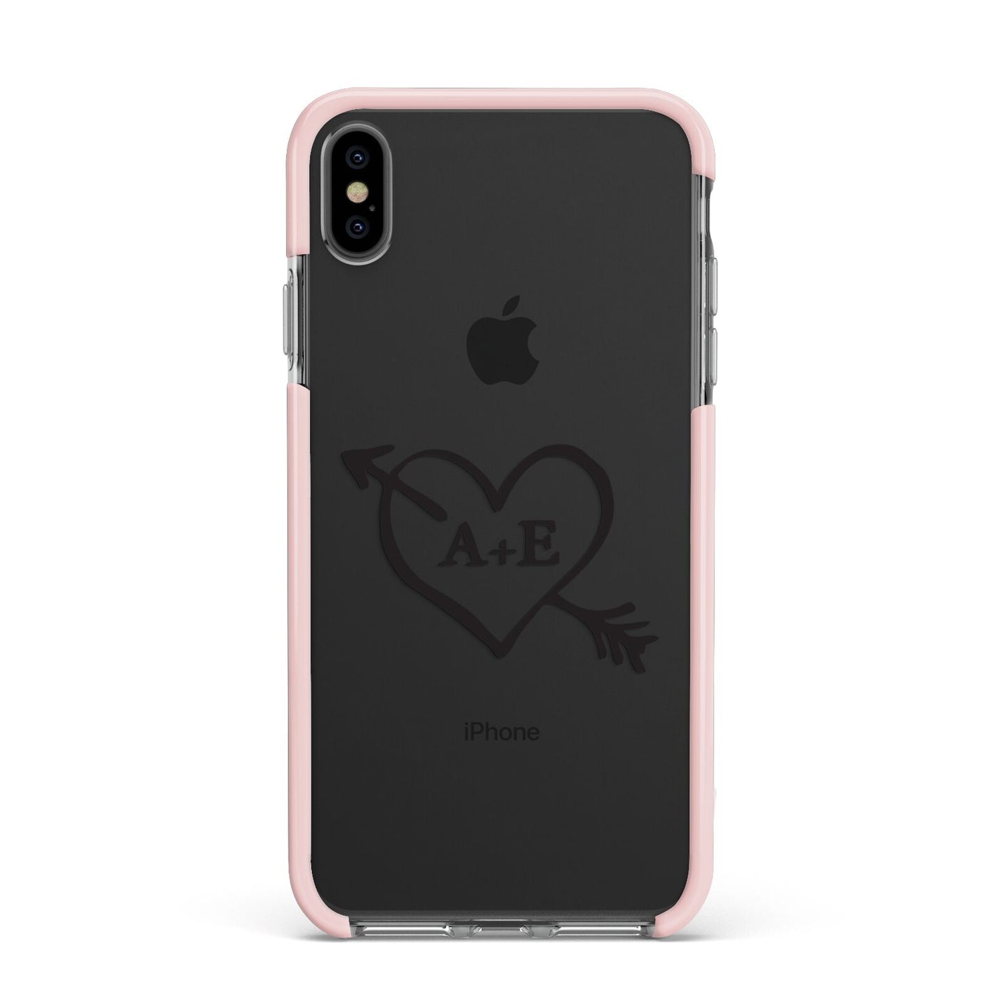Personalised Couples Black Initials Arrow Clear Apple iPhone Xs Max Impact Case Pink Edge on Black Phone