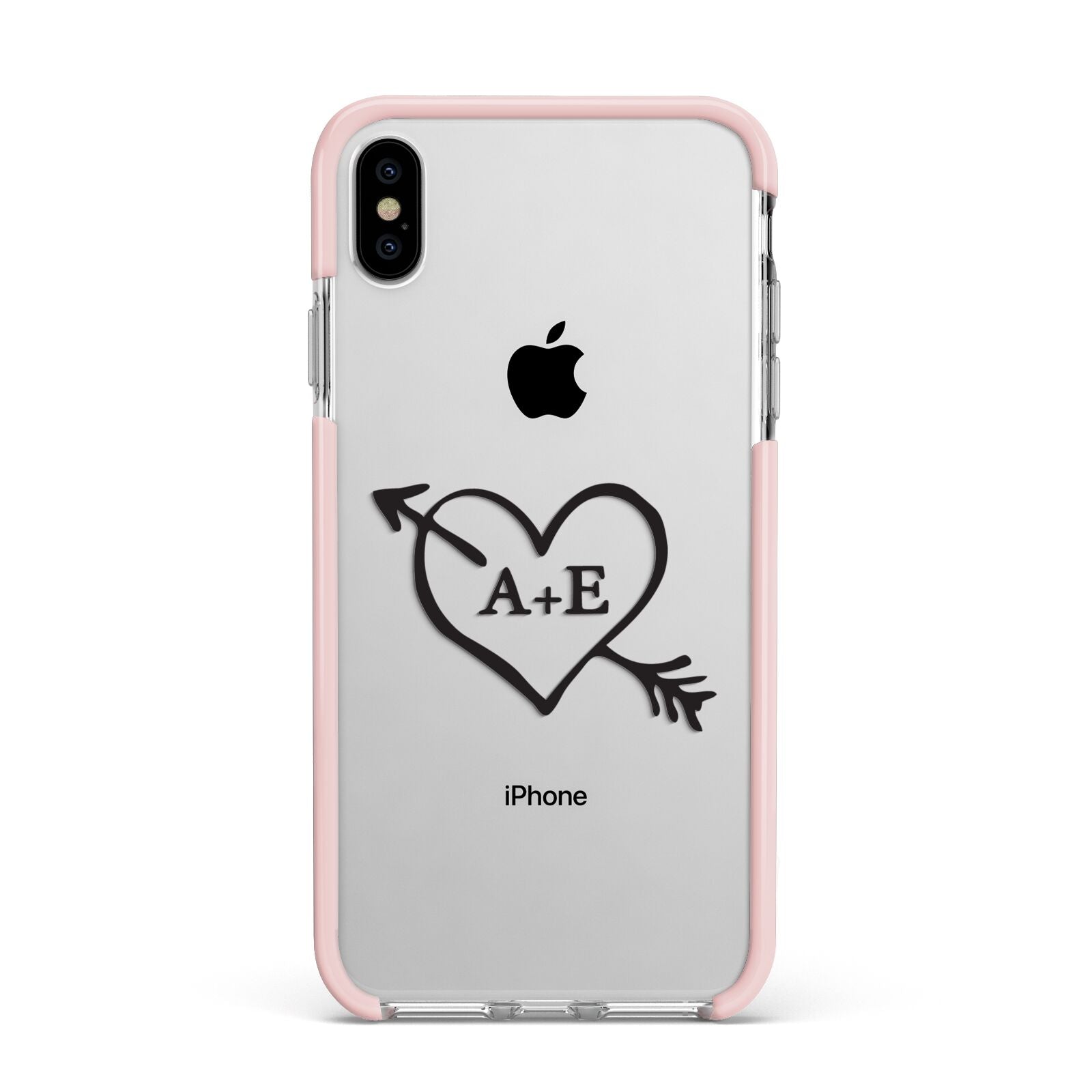 Personalised Couples Black Initials Arrow Clear Apple iPhone Xs Max Impact Case Pink Edge on Silver Phone