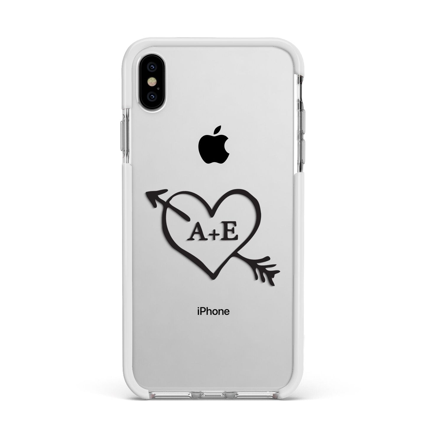 Personalised Couples Black Initials Arrow Clear Apple iPhone Xs Max Impact Case White Edge on Silver Phone