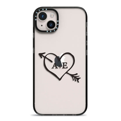 Personalised Couples Black Initials Arrow Clear iPhone 14 Plus Black Impact Case on Silver phone