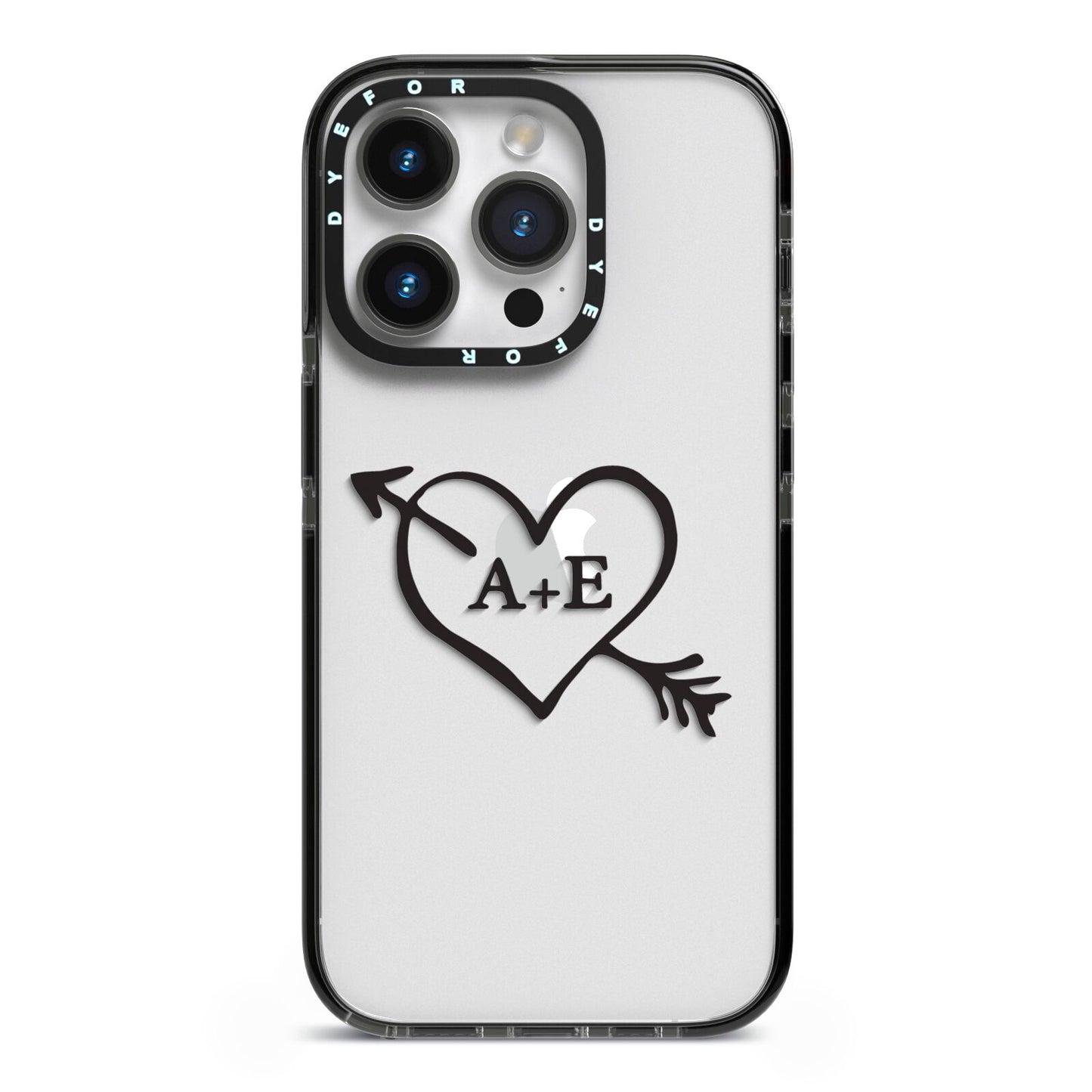 Personalised Couples Black Initials Arrow Clear iPhone 14 Pro Black Impact Case on Silver phone