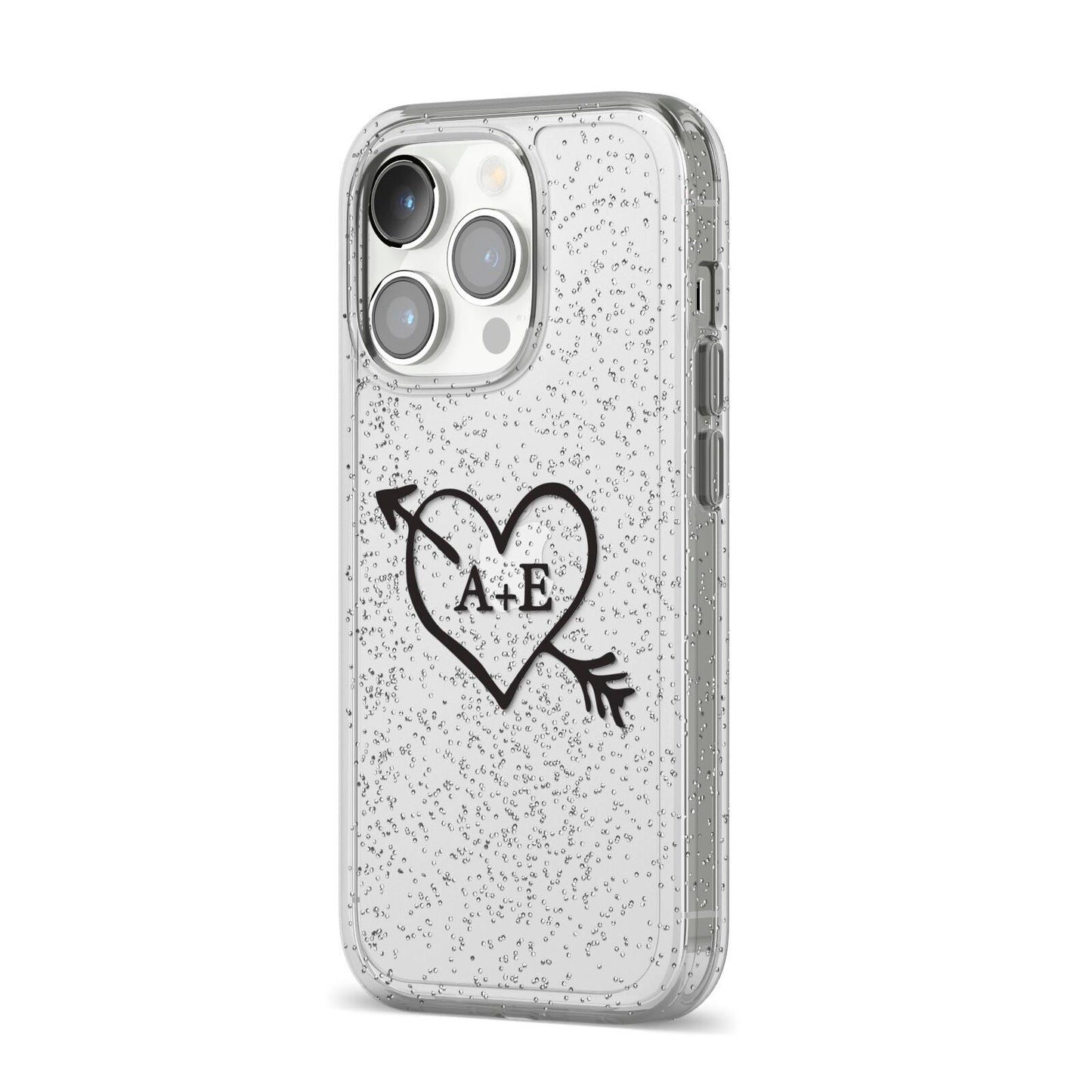 Personalised Couples Black Initials Arrow Clear iPhone 14 Pro Glitter Tough Case Silver Angled Image
