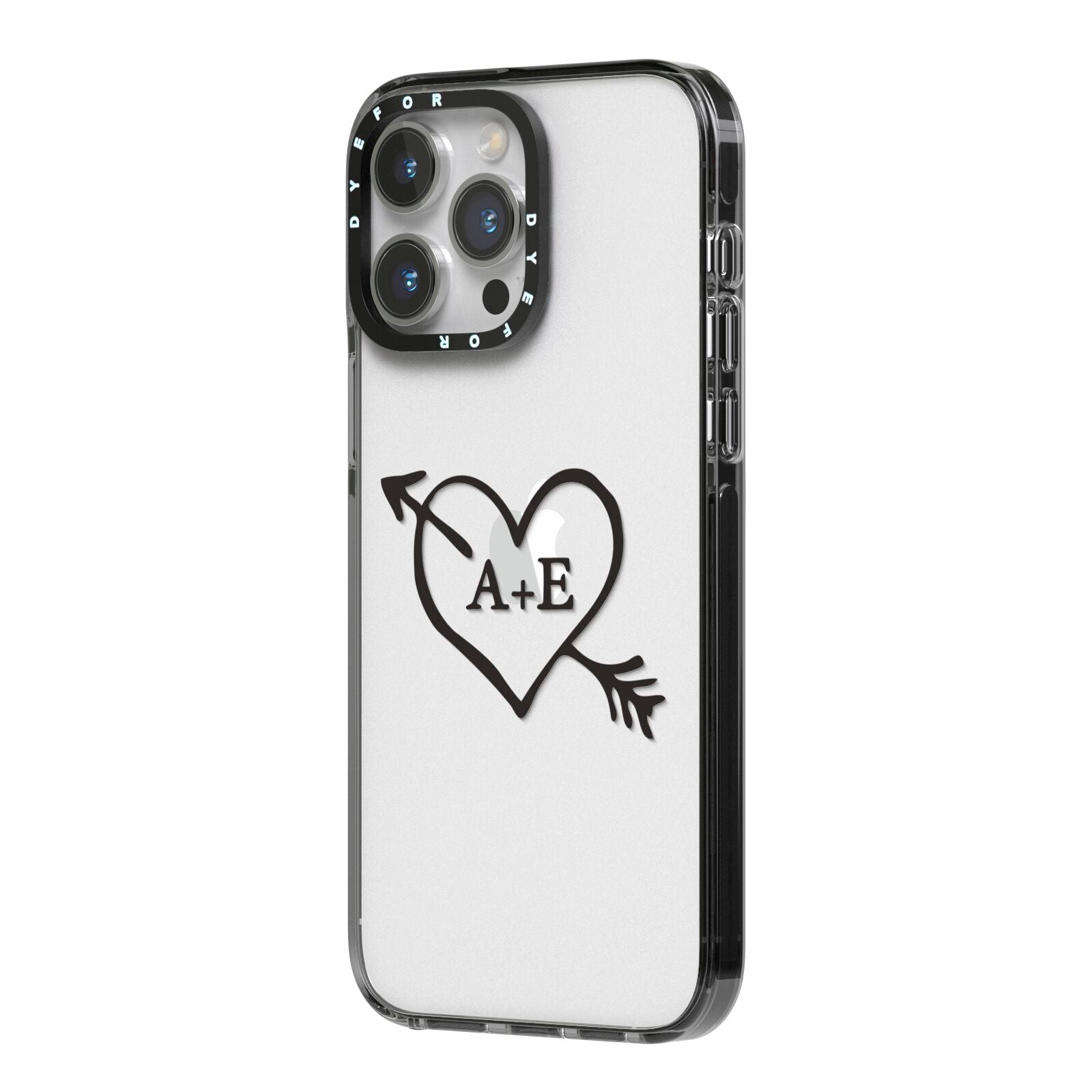 Personalised Couples Black Initials Arrow Clear iPhone 14 Pro Max Black Impact Case Side Angle on Silver phone