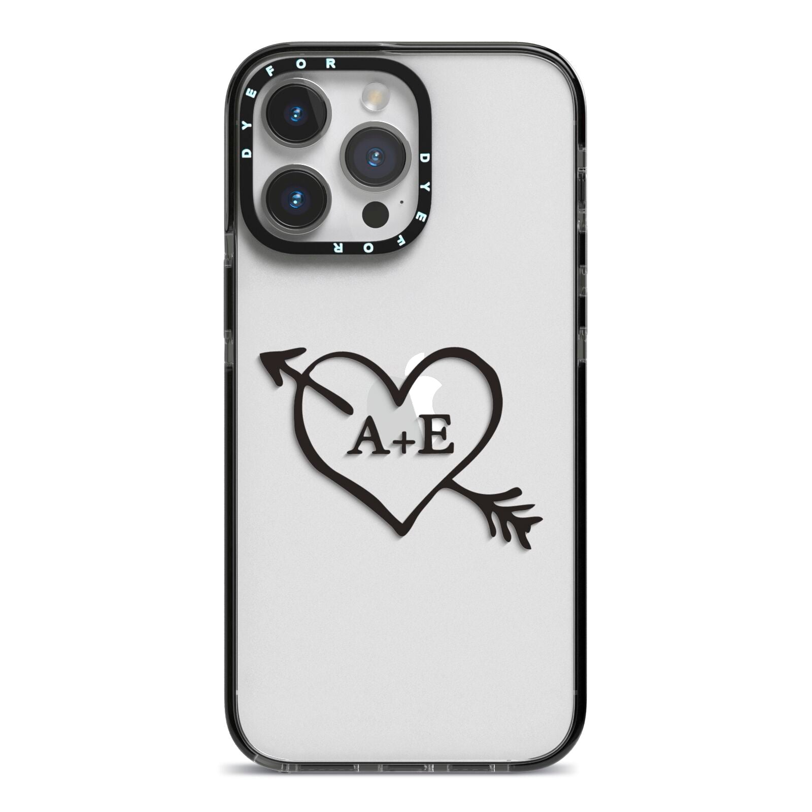 Personalised Couples Black Initials Arrow Clear iPhone 14 Pro Max Black Impact Case on Silver phone