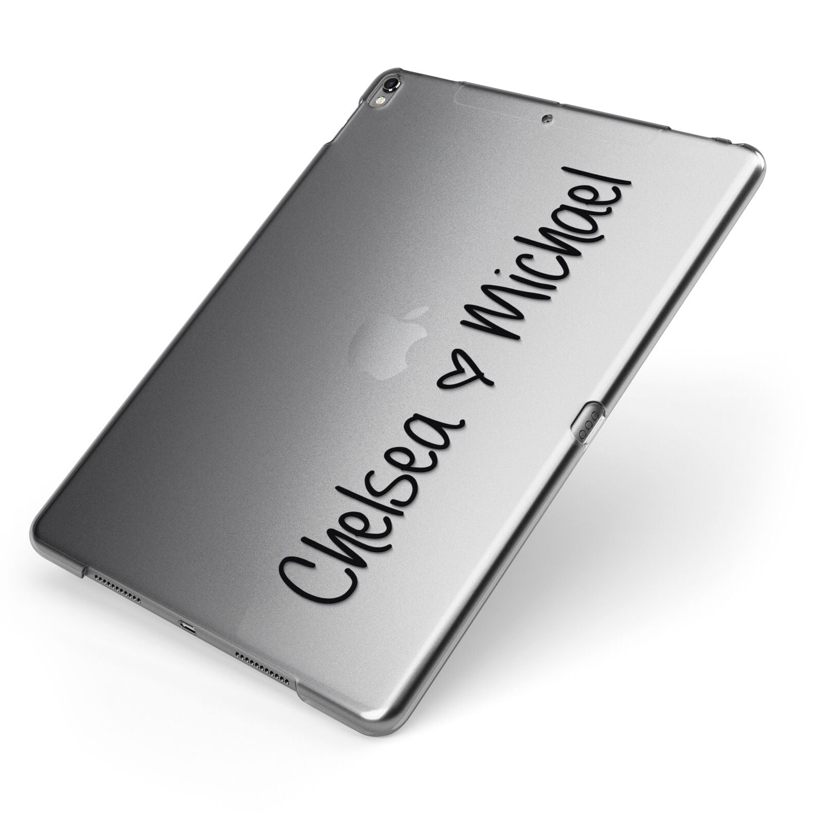 Personalised Couples Names Handwritten Black Clear Apple iPad Case on Grey iPad Side View