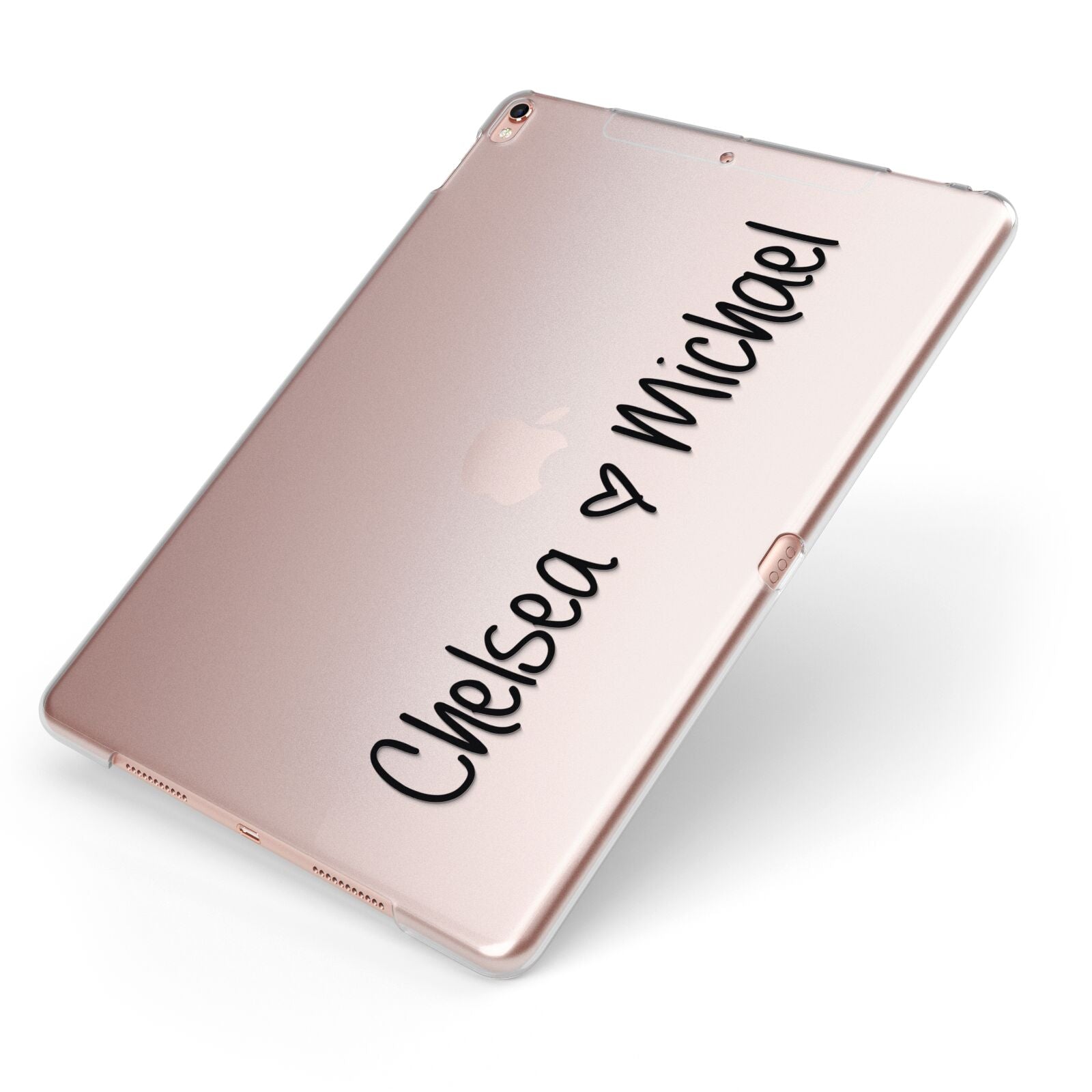 Personalised Couples Names Handwritten Black Clear Apple iPad Case on Rose Gold iPad Side View