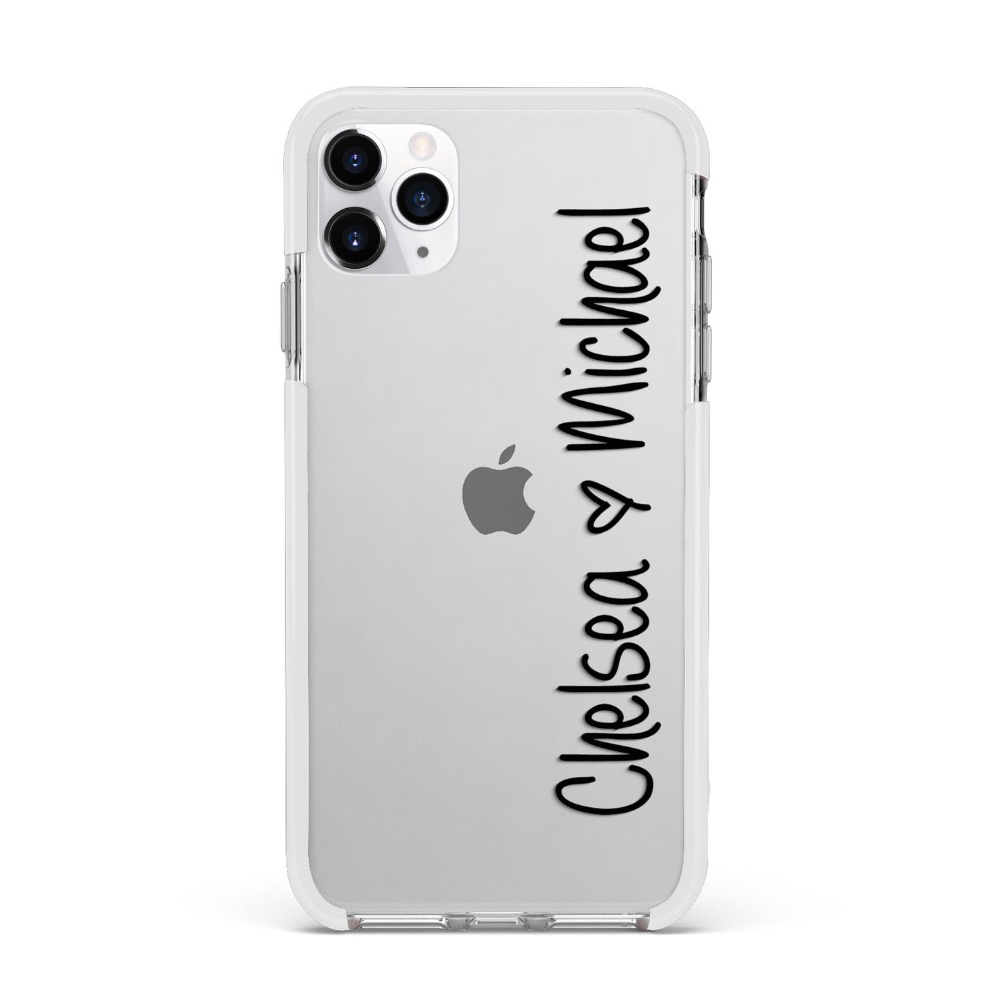 Personalised Couples Names Handwritten Black Clear Apple iPhone 11 Pro Max in Silver with White Impact Case