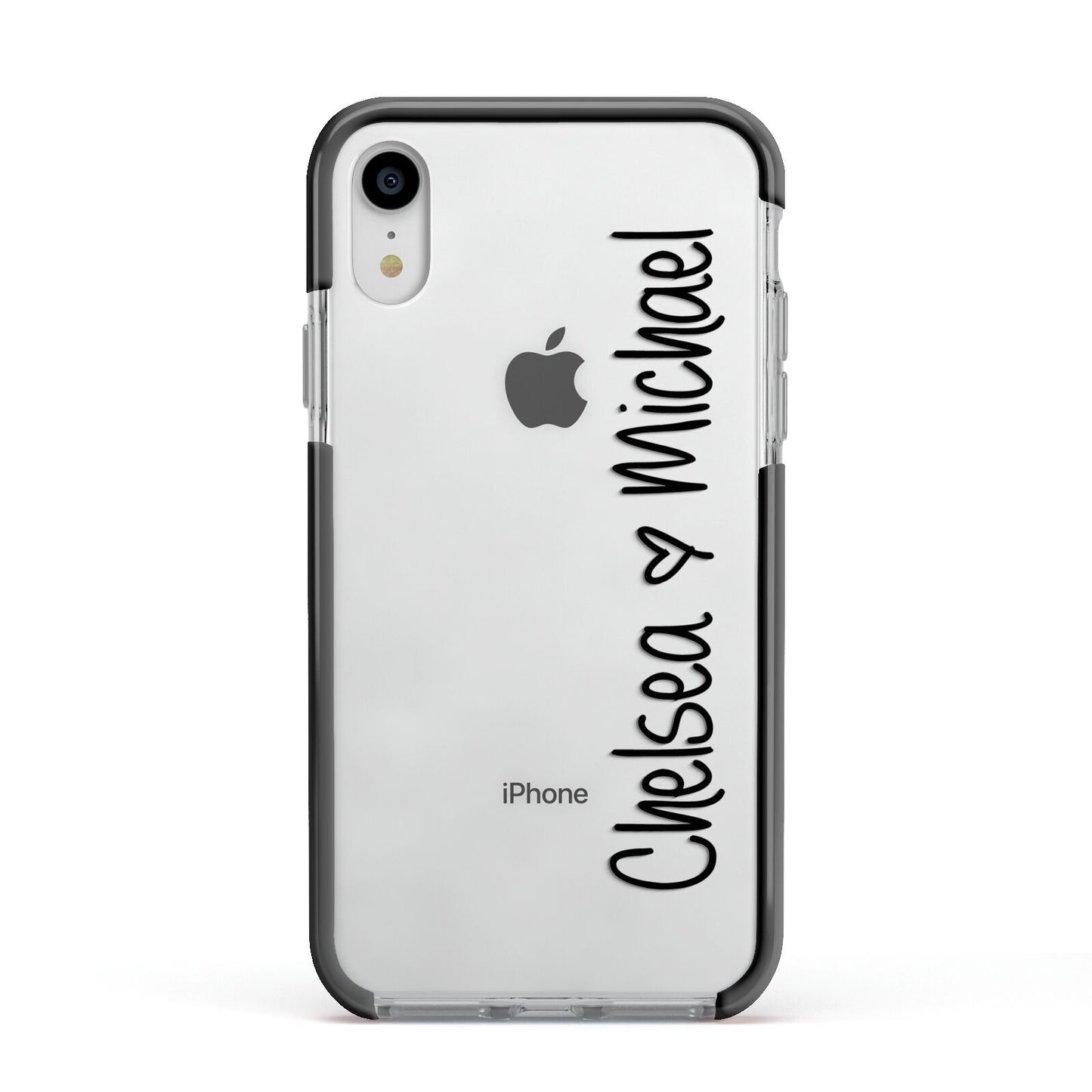 Personalised Couples Names Handwritten Black Clear Apple iPhone XR Impact Case Black Edge on Silver Phone