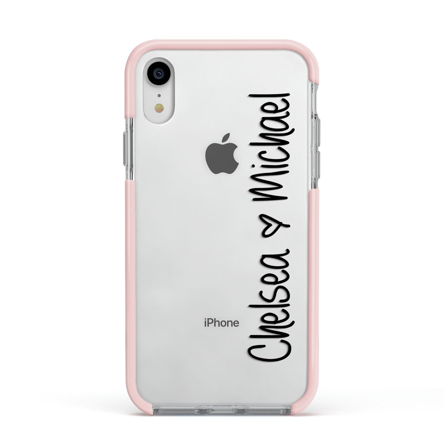 Personalised Couples Names Handwritten Black Clear Apple iPhone XR Impact Case Pink Edge on Silver Phone