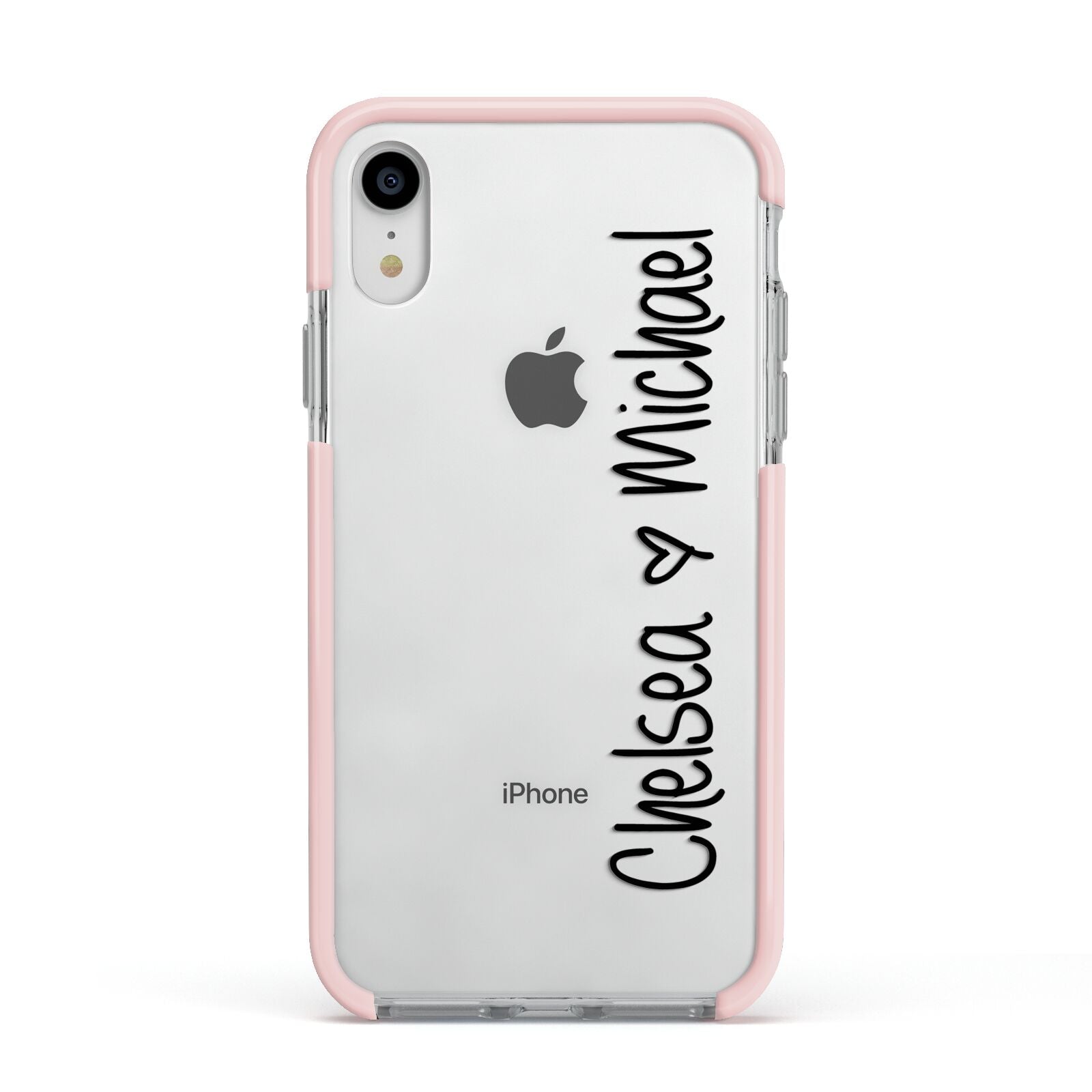 Personalised Couples Names Handwritten Black Clear Apple iPhone XR Impact Case Pink Edge on Silver Phone