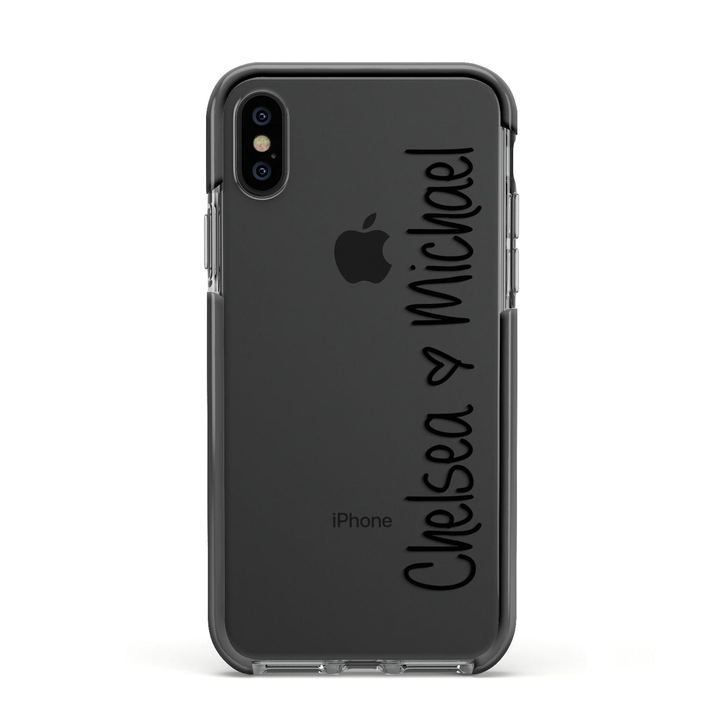 Personalised Couples Names Handwritten Black Clear Apple iPhone Xs Impact Case Black Edge on Black Phone