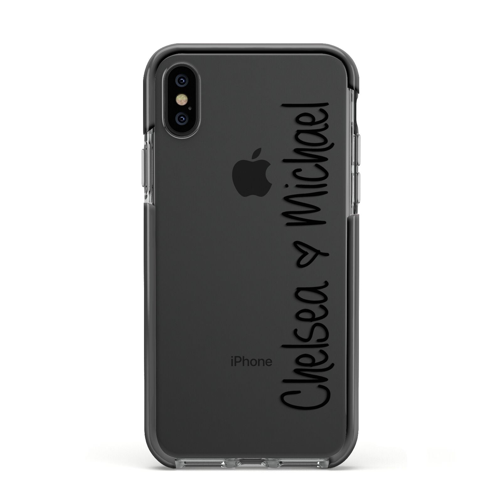 Personalised Couples Names Handwritten Black Clear Apple iPhone Xs Impact Case Black Edge on Black Phone