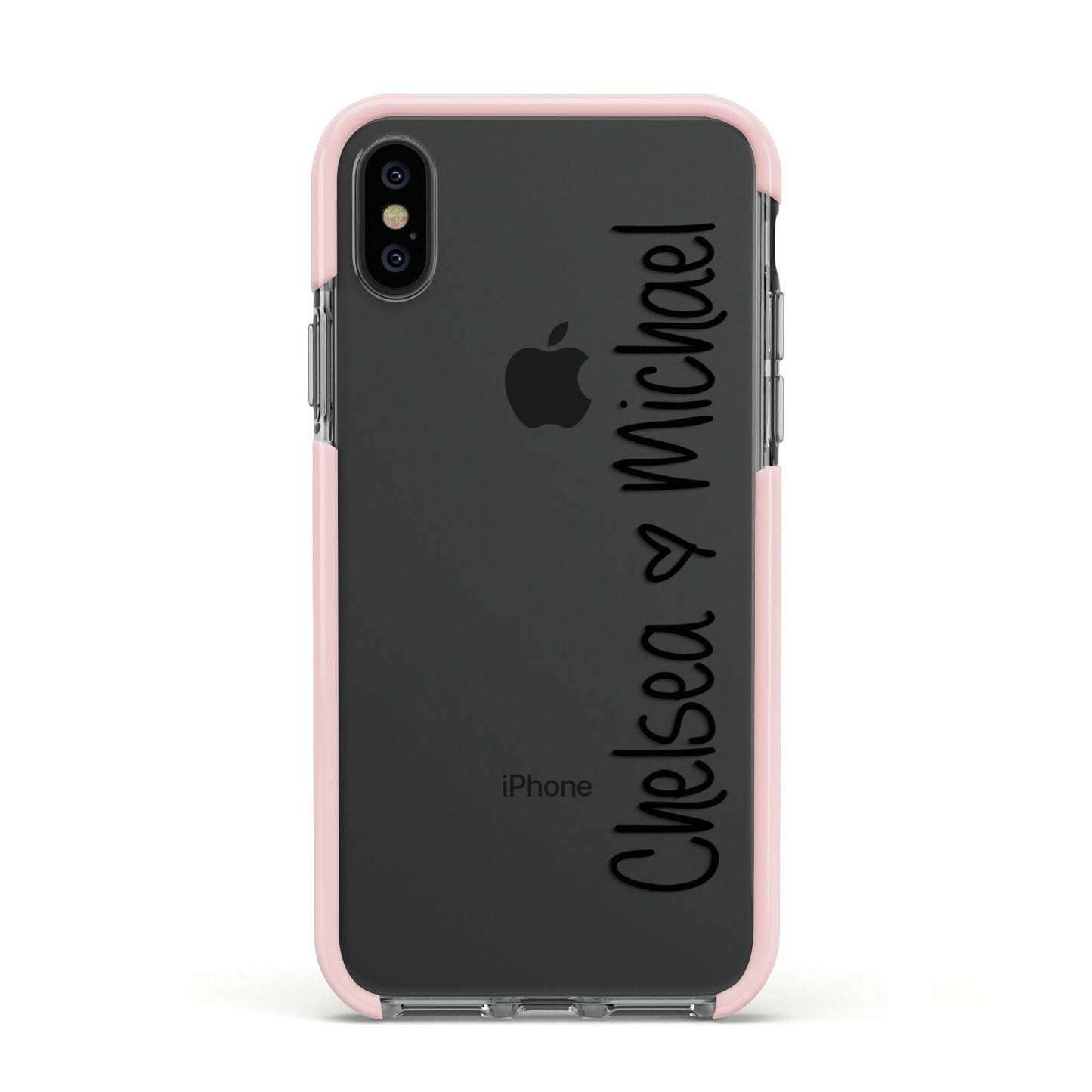 Personalised Couples Names Handwritten Black Clear Apple iPhone Xs Impact Case Pink Edge on Black Phone