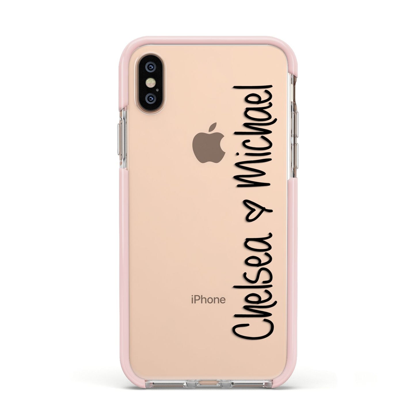 Personalised Couples Names Handwritten Black Clear Apple iPhone Xs Impact Case Pink Edge on Gold Phone