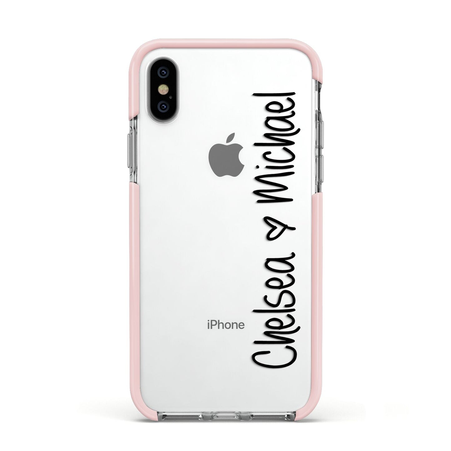 Personalised Couples Names Handwritten Black Clear Apple iPhone Xs Impact Case Pink Edge on Silver Phone