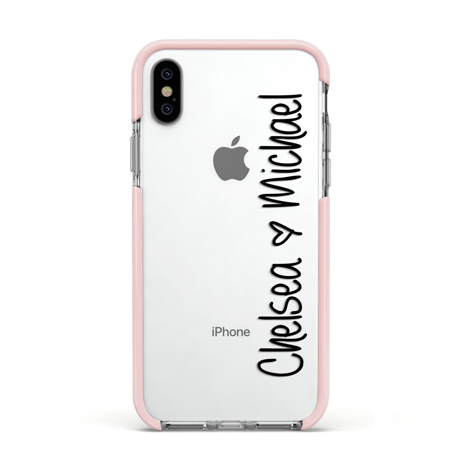 Personalised Couples Names Handwritten Black Clear Apple iPhone Xs Impact Case Pink Edge on Silver Phone