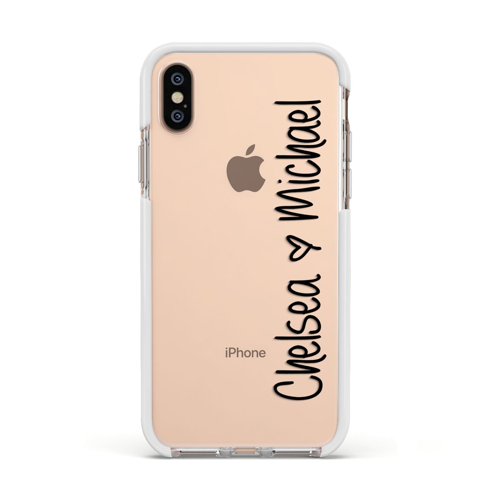 Personalised Couples Names Handwritten Black Clear Apple iPhone Xs Impact Case White Edge on Gold Phone