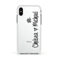 Personalised Couples Names Handwritten Black Clear Apple iPhone Xs Impact Case White Edge on Silver Phone