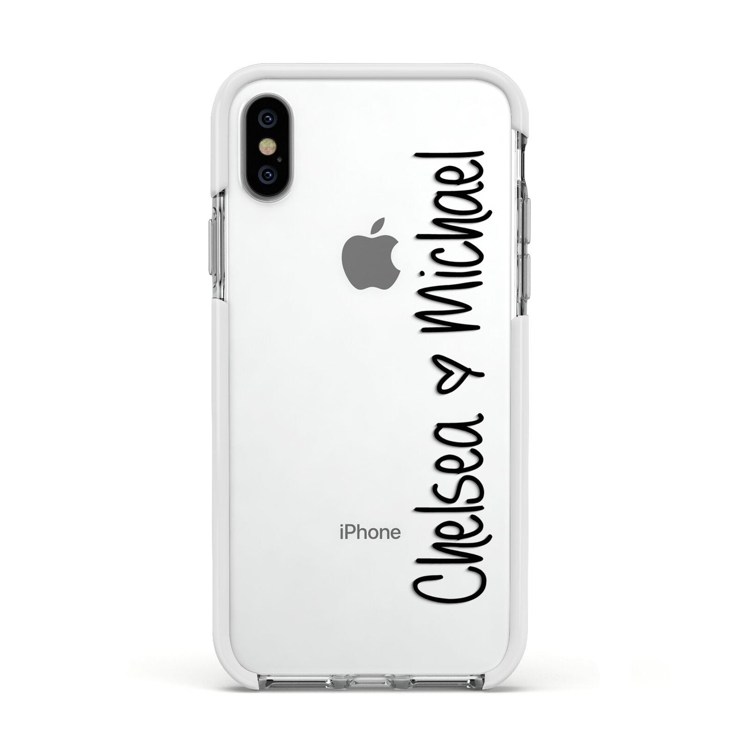 Personalised Couples Names Handwritten Black Clear Apple iPhone Xs Impact Case White Edge on Silver Phone