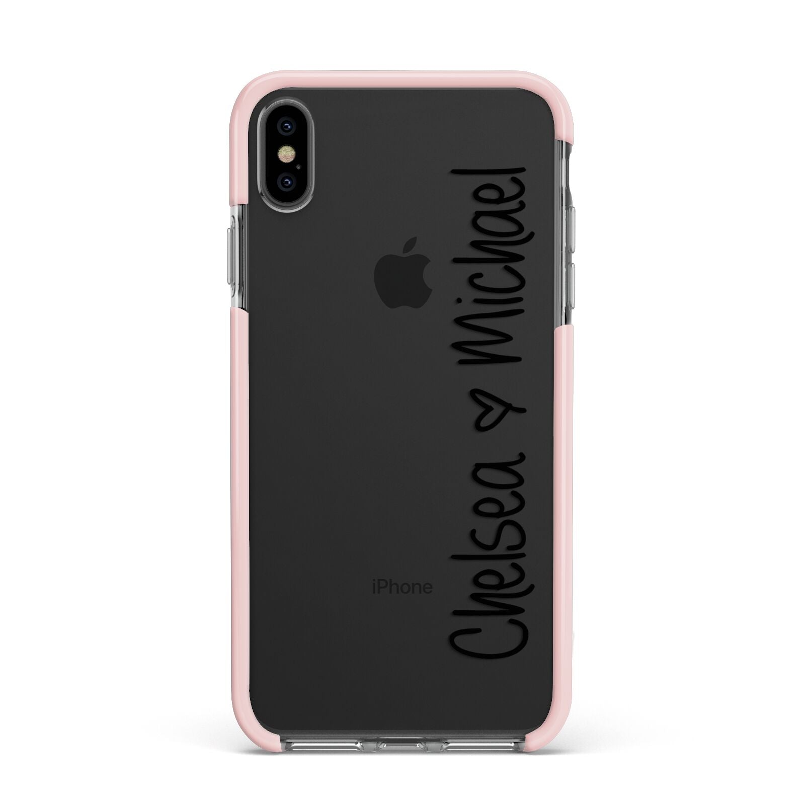Personalised Couples Names Handwritten Black Clear Apple iPhone Xs Max Impact Case Pink Edge on Black Phone