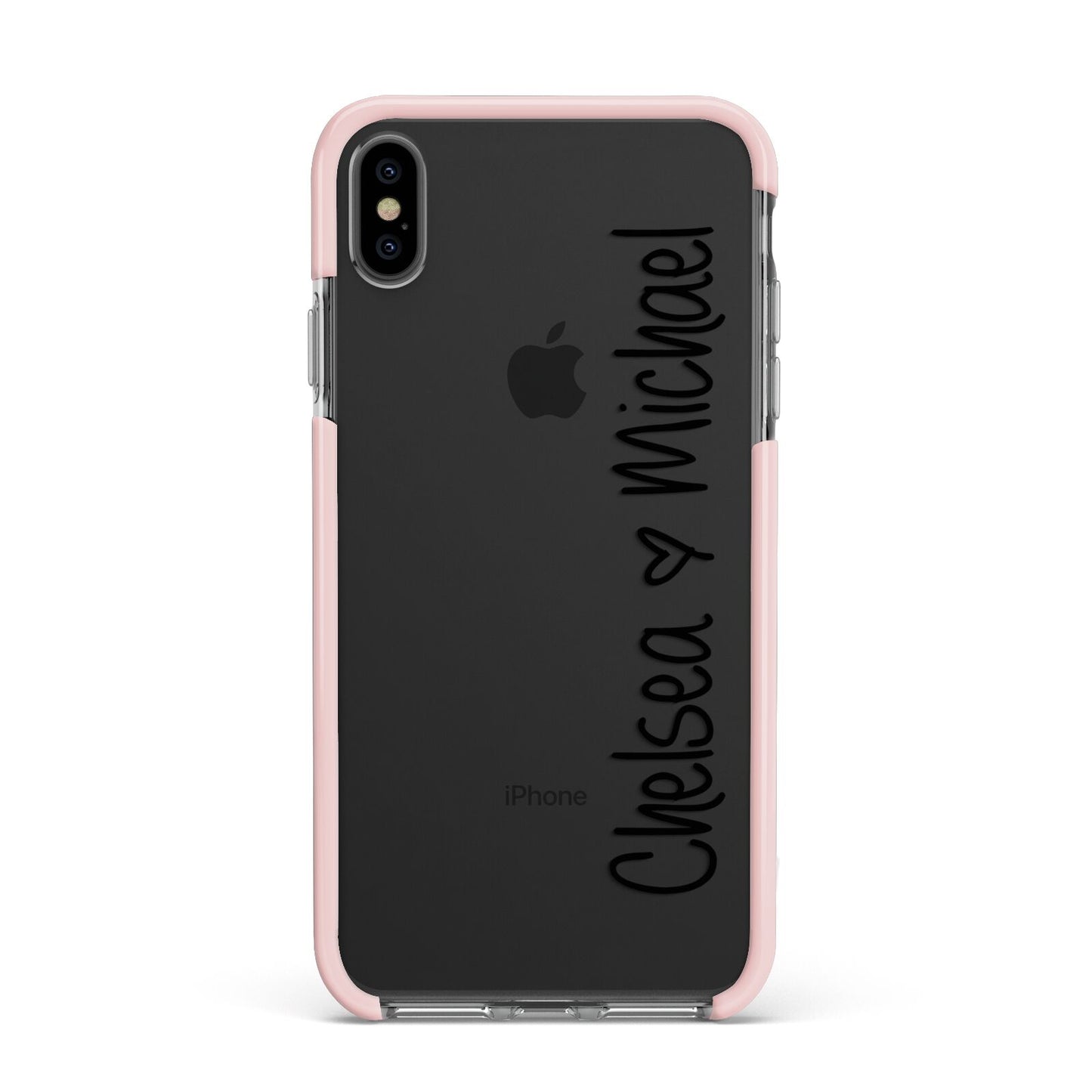 Personalised Couples Names Handwritten Black Clear Apple iPhone Xs Max Impact Case Pink Edge on Black Phone