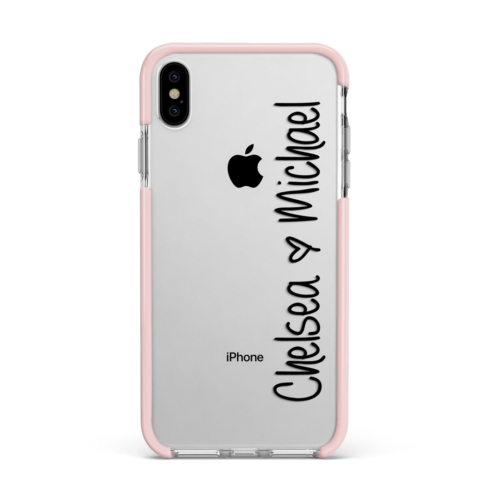 Personalised Couples Names Handwritten Black Clear Apple iPhone Xs Max Impact Case Pink Edge on Silver Phone