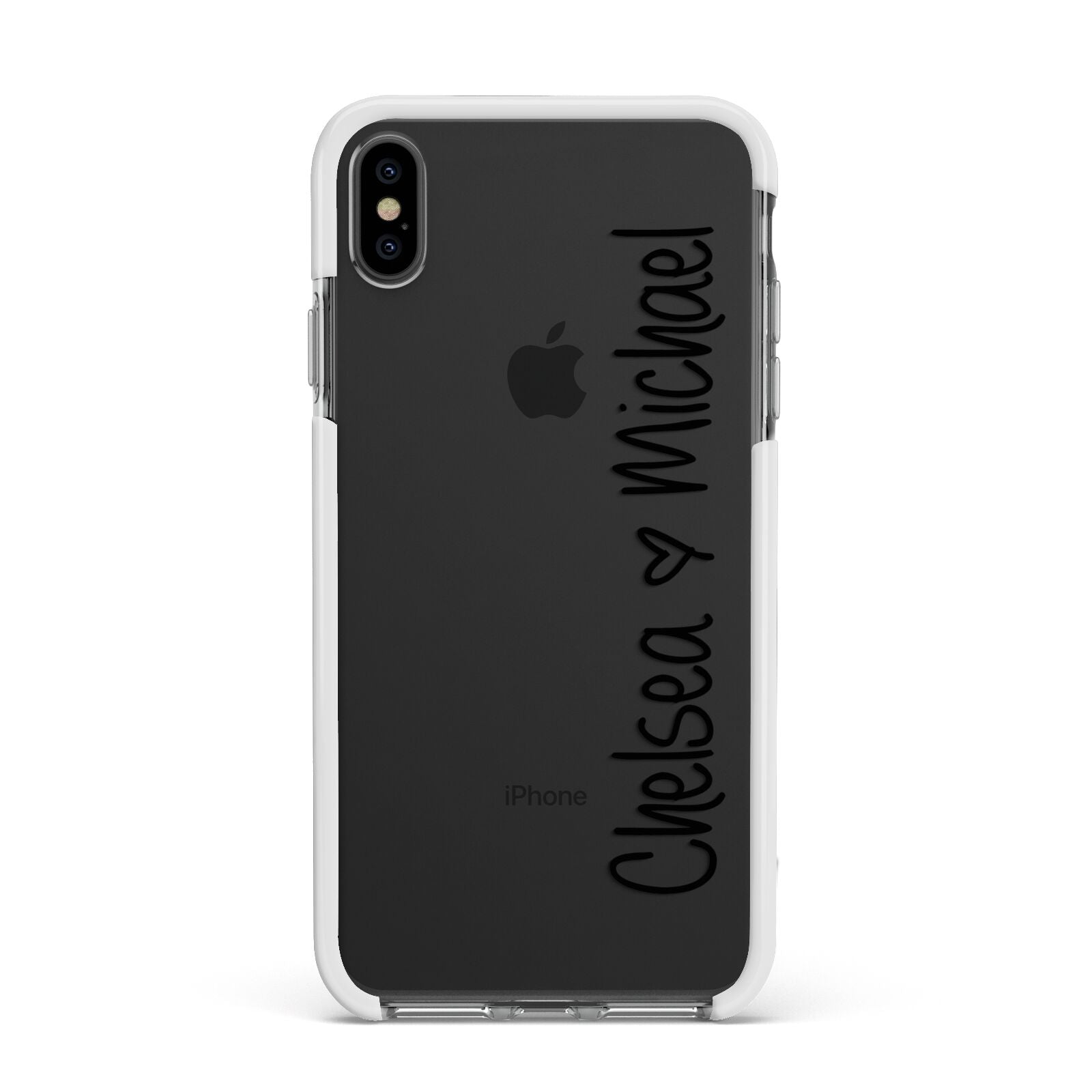 Personalised Couples Names Handwritten Black Clear Apple iPhone Xs Max Impact Case White Edge on Black Phone