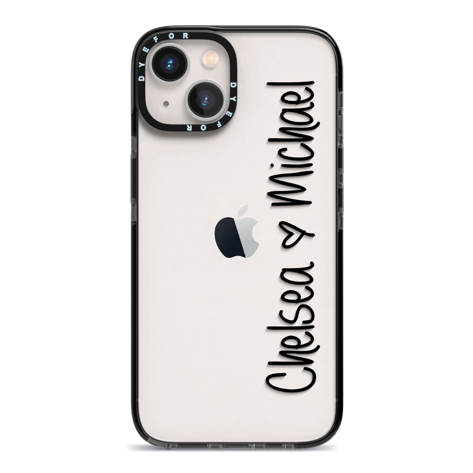 Personalised Couples Names Handwritten Black Clear iPhone 13 Black Impact Case on Silver phone