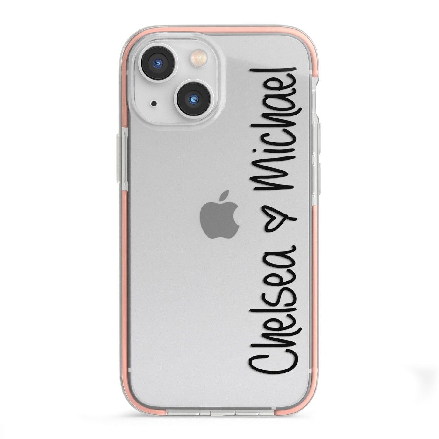 Personalised Couples Names Handwritten Black Clear iPhone 13 Mini TPU Impact Case with Pink Edges