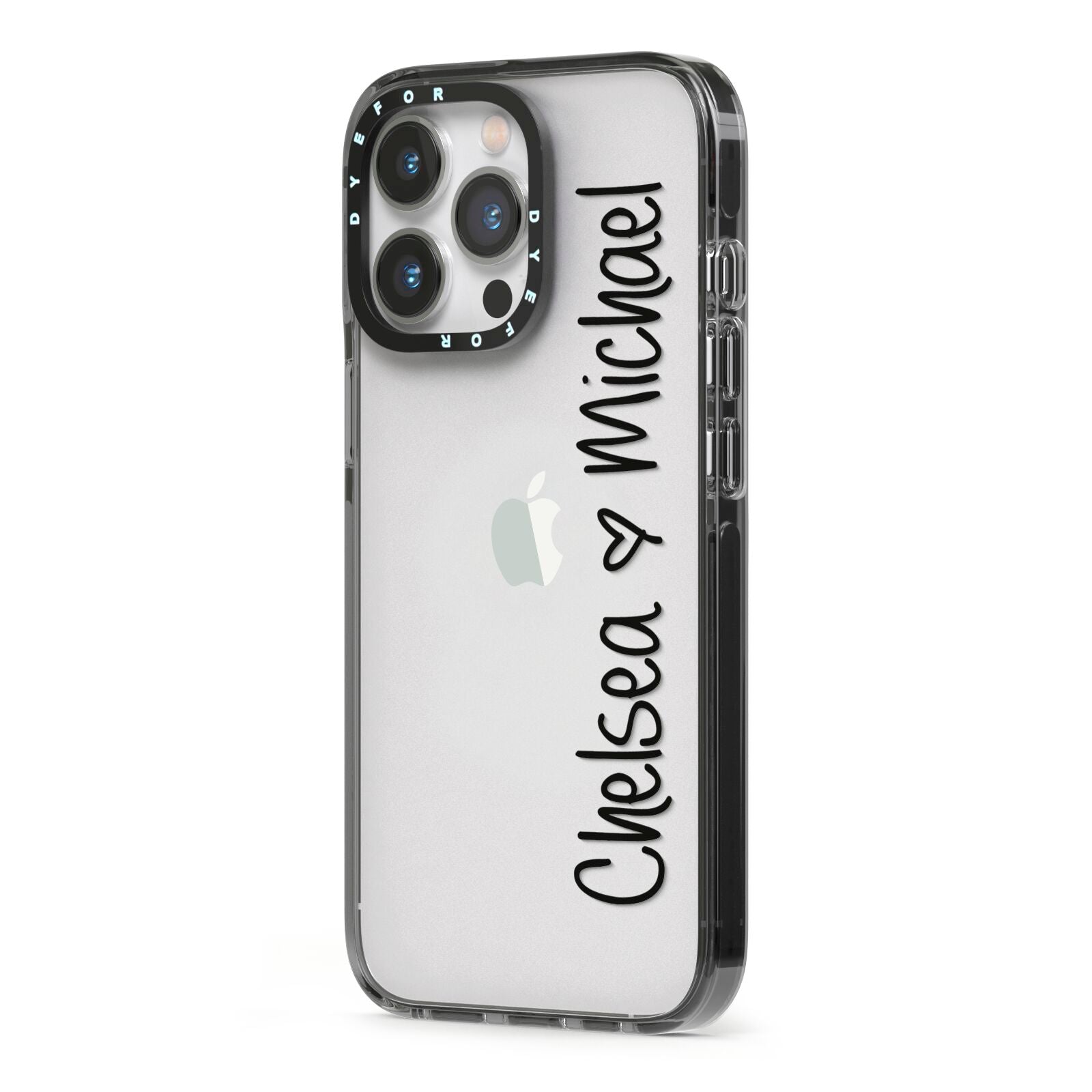 Personalised Couples Names Handwritten Black Clear iPhone 13 Pro Black Impact Case Side Angle on Silver phone