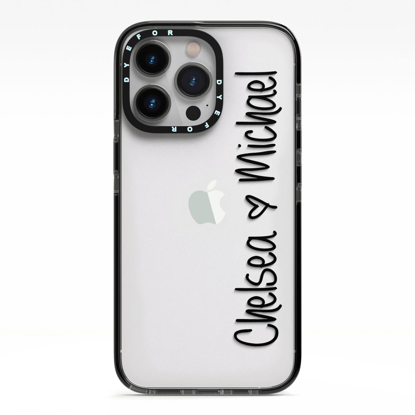 Personalised Couples Names Handwritten Black Clear iPhone 13 Pro Black Impact Case on Silver phone