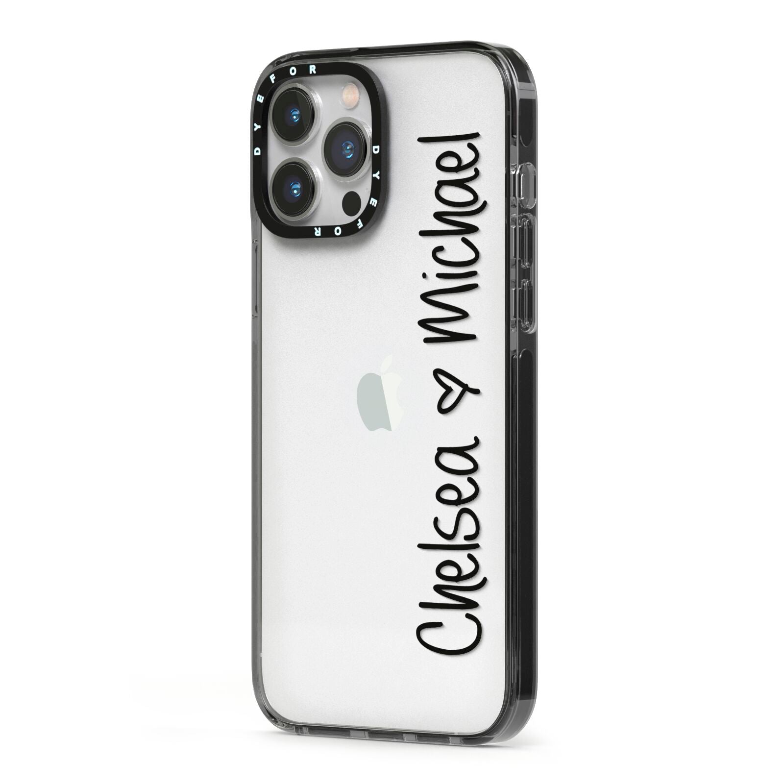 Personalised Couples Names Handwritten Black Clear iPhone 13 Pro Max Black Impact Case Side Angle on Silver phone