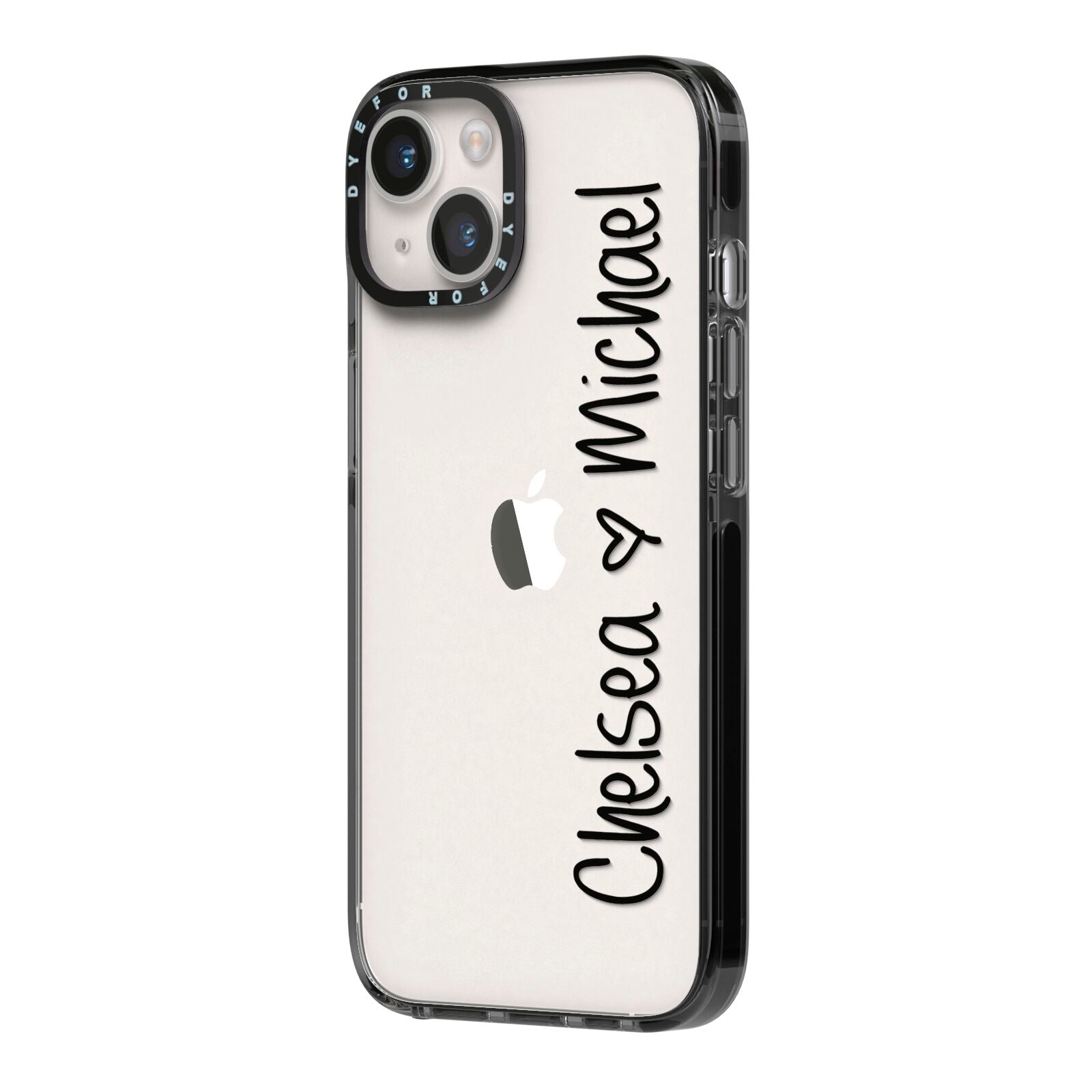 Personalised Couples Names Handwritten Black Clear iPhone 14 Black Impact Case Side Angle on Silver phone