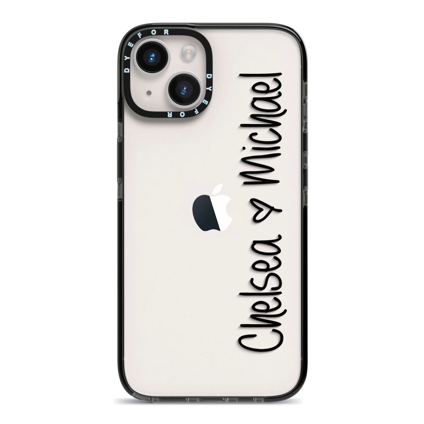 Personalised Couples Names Handwritten Black Clear iPhone 14 Black Impact Case on Silver phone