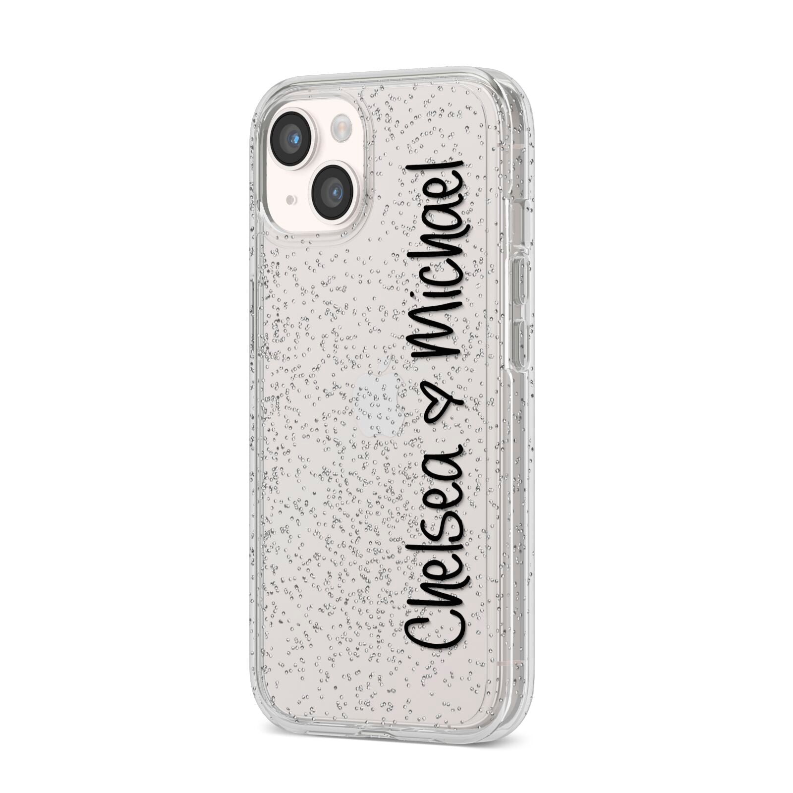 Personalised Couples Names Handwritten Black Clear iPhone 14 Glitter Tough Case Starlight Angled Image