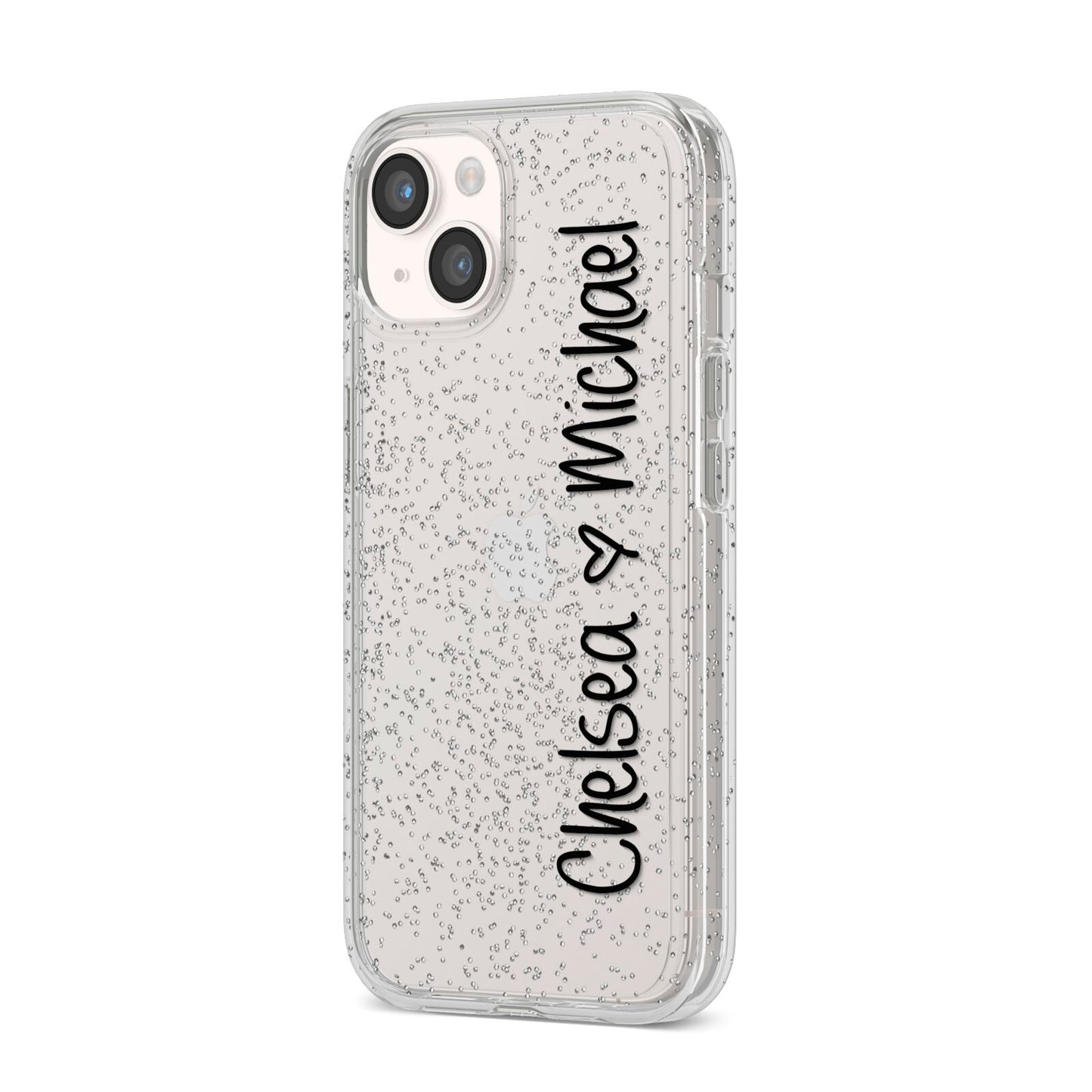 Personalised Couples Names Handwritten Black Clear iPhone 14 Glitter Tough Case Starlight Angled Image