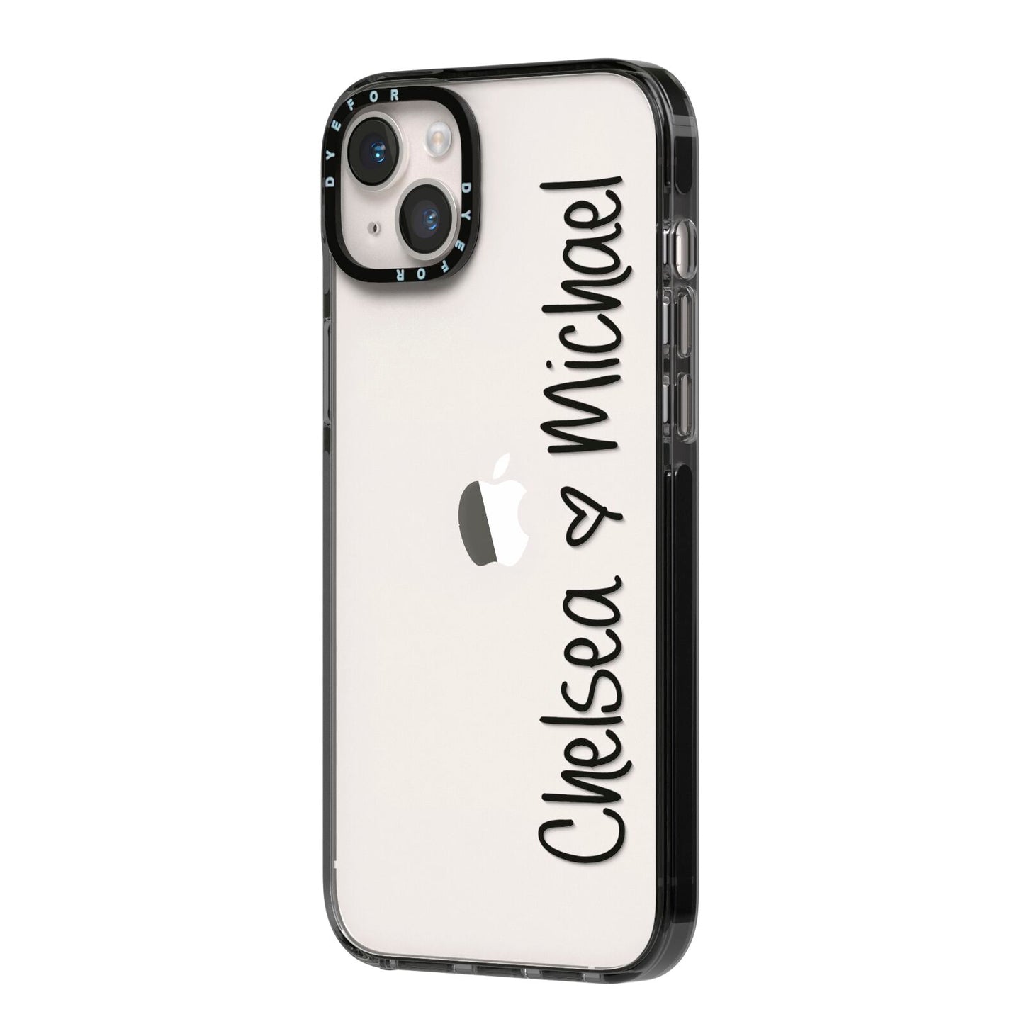 Personalised Couples Names Handwritten Black Clear iPhone 14 Plus Black Impact Case Side Angle on Silver phone