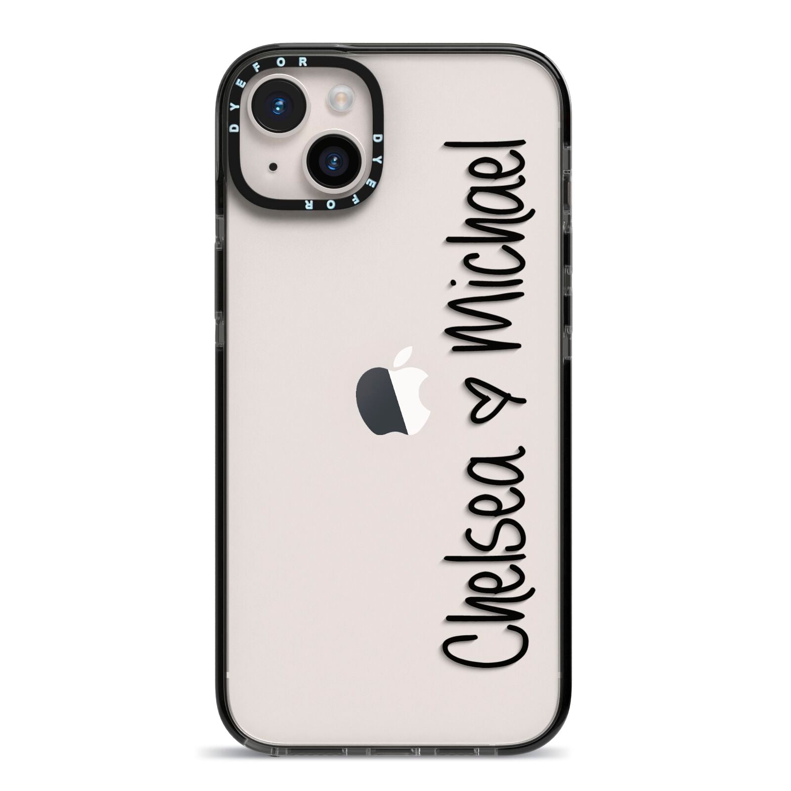 Personalised Couples Names Handwritten Black Clear iPhone 14 Plus Black Impact Case on Silver phone