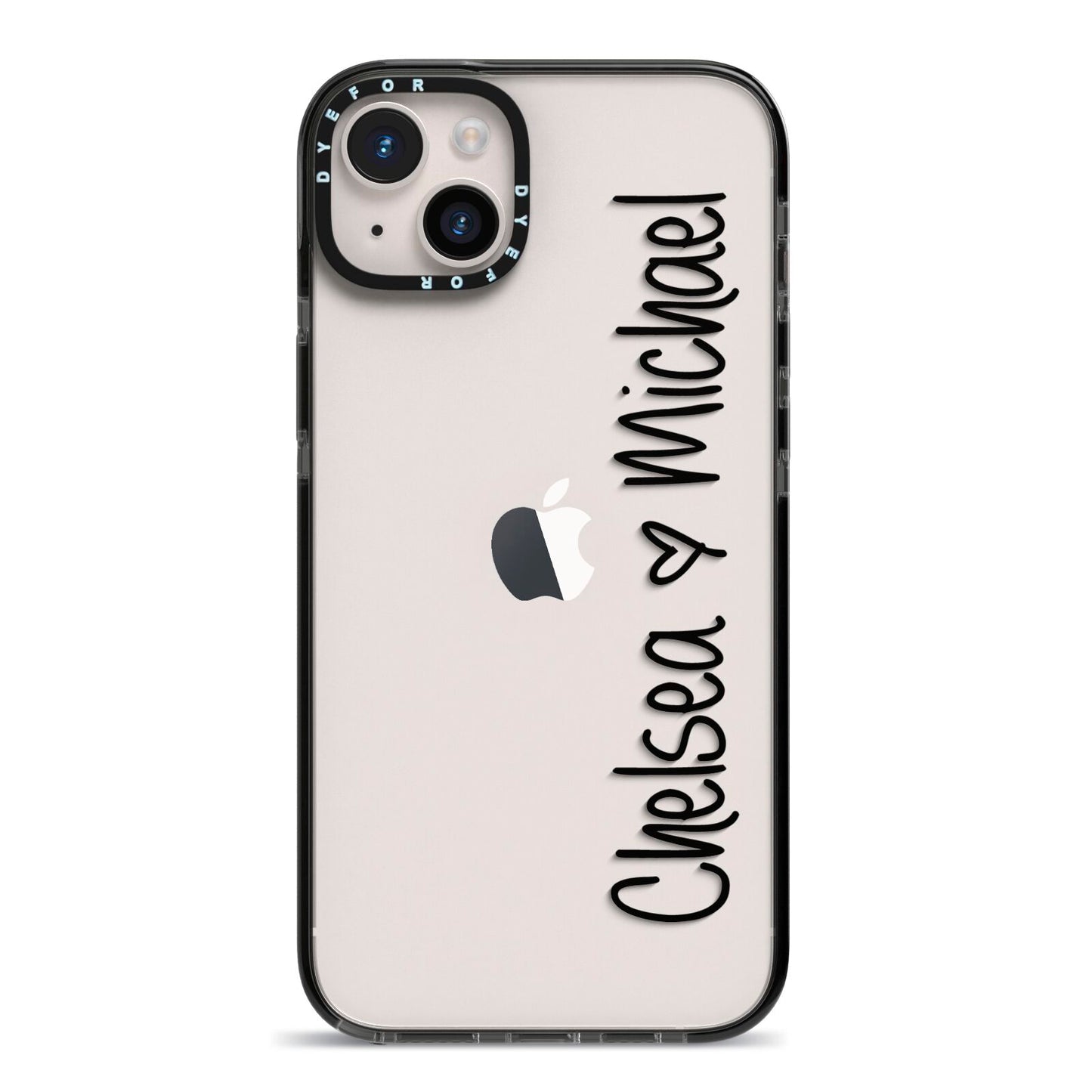 Personalised Couples Names Handwritten Black Clear iPhone 14 Plus Black Impact Case on Silver phone