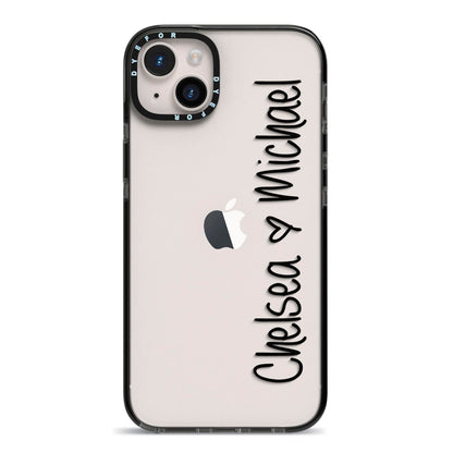 Personalised Couples Names Handwritten Black Clear iPhone 14 Plus Black Impact Case on Silver phone