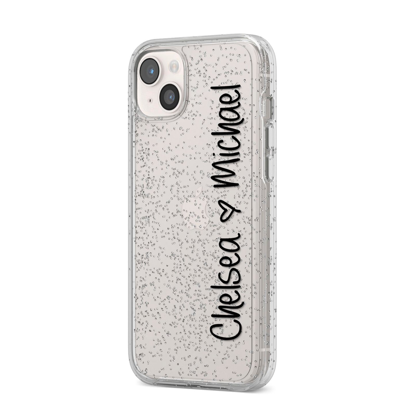 Personalised Couples Names Handwritten Black Clear iPhone 14 Plus Glitter Tough Case Starlight Angled Image