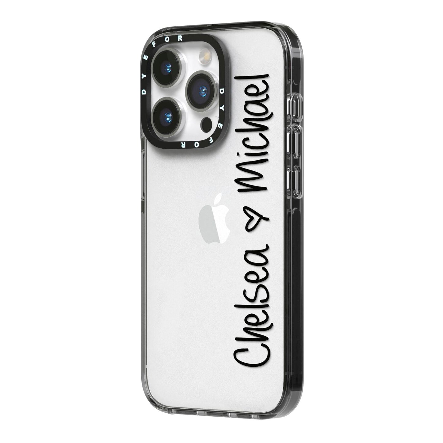 Personalised Couples Names Handwritten Black Clear iPhone 14 Pro Black Impact Case Side Angle on Silver phone