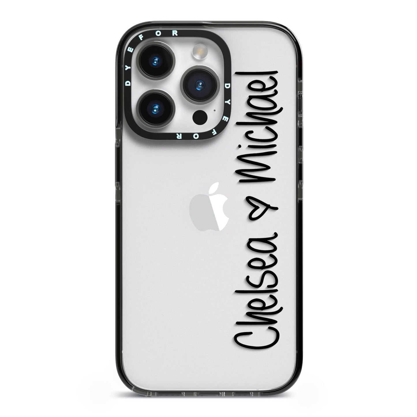 Personalised Couples Names Handwritten Black Clear iPhone 14 Pro Black Impact Case on Silver phone